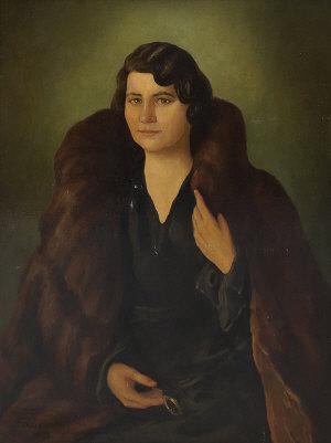 Portrait of a lady, seated three-quarter length in a black dress and fur coat by 
																	Zygmunt Narkiewicz