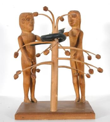 Adam and Eve with Snake in Apple tree by 
																			Edgar Tolson