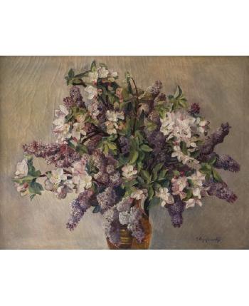 Lilacs and cherry blossoms by 
																			Evgeniy Andreievich Agafonov