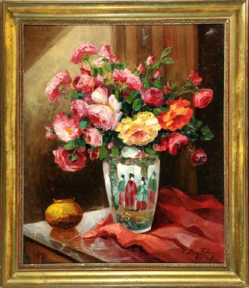 Blumenstillleben mit Rosenstrauß in chinesischer Vase by 
																	Deny Faborg