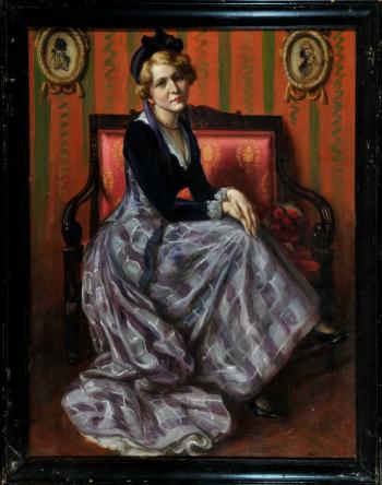 Portrait einer im Sessel sitzenden Dame im lilafarbenen Kleid by 
																	Karl Gampenrieder