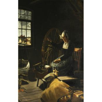 A Young Woman spinning Yarn in a Cottage by 
																	Rudolf Eichstaedt