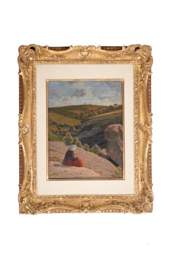 Bretonne assise devant un paysage by 
																			Albert Clouard