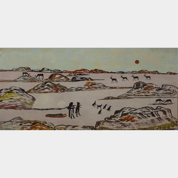 Landscape with Couple, Komatik, Dogs, and Caribou by 
																	Pierre Nauya