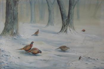 Pheasants in a Snowy Woodland Landscape by 
																	Vincent Balfour-Browne