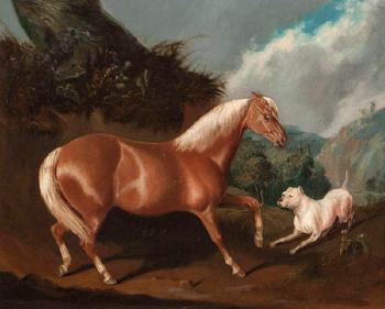 A Palomino Pony and a Bull Mastiff in a Landscape by 
																			Joseph Dunn of Worcester