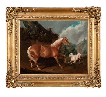 A Palomino Pony and a Bull Mastiff in a Landscape by 
																			Joseph Dunn of Worcester