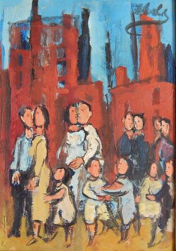 Street scene with figures by 
																			Frank Kleinholz