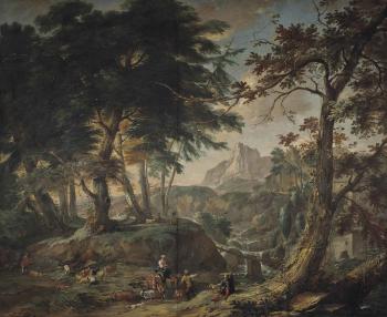 A wooded River Landscape with travellers on a Path, a Shepherd and his Flock, and a Bridge over a Waterfall beyond by 
																	Philip Augustyn Immenraedt