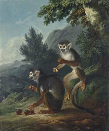A wooded Landscape with two Monkeys eating Grapes by 
																	Philippe Jacques Loutherbourg