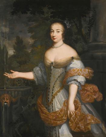 Portrait of A Lady, Said To Be The Marchioness of Montchevreuil, Three-quarter-length, beside a Fountain by 
																	Justus van Egmont