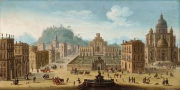 A Fanciful Palace with a Fountain, Church and Figures by 
																	Juan Salvador Ruiz