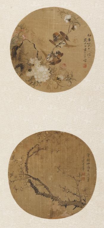 Two round fan paintings. Flowers and birds by 
																	 Yun Changguo