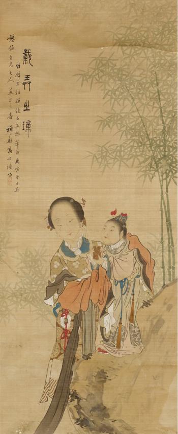 A beautiful woman with a boy holding a jade seal by 
																	 Gao Shilian