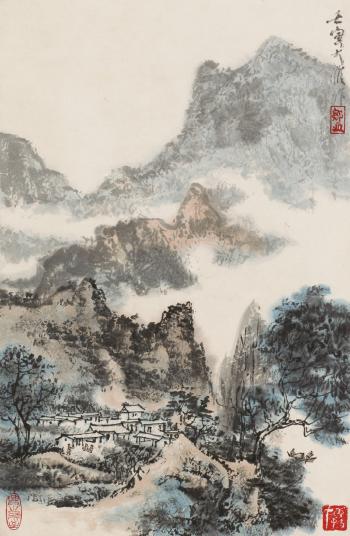 Mountain landscape with settlement by 
																	 Zou Daya