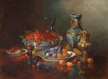 Large Still Life with Cherries and Plums by 
																	Anton Raufer-Redwitz
