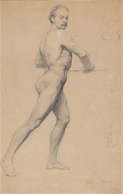 A male nude, standing, an academy study, head studies of a man and a woman at right margin by 
																	Eugen von Blaas