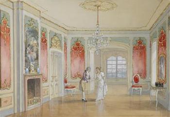 The interior of a castle in the rococo style by 
																	Franz Angelo Rottonara