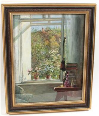 An interior scene with a book pile in front of a window looking into a garden by 
																	Elsa Csank-Lesigang
