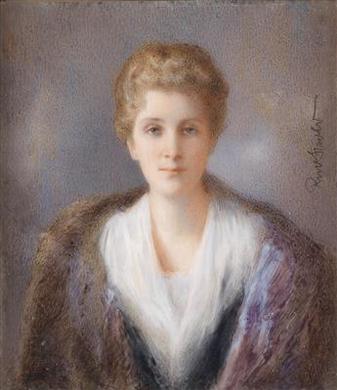 A portrait of a blond lady in a blue cape and with a fur collar by 
																	Rudolf Ipold