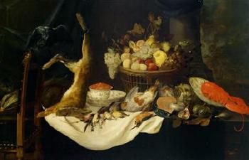 Still life with game, shells, a lobster and a basket of fruit by 
																	Pieter van Overschie