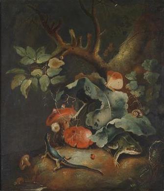 A ‘sous bois’ still life with chaffinch; and a ‘sous bois’ still life with a frog, a lizard and a butterfly by 
																			Franz Michael Siegmund von Purgau
