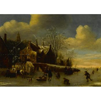 A winter Landscape with Figures on a frozen River by 
																	Balthasar van der Veen