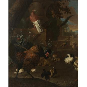 A Turkey, a Pigeon, a Peafowl, a Ruff and a Chicken with Chicks in a Park by 
																	Adriaen van Oolen