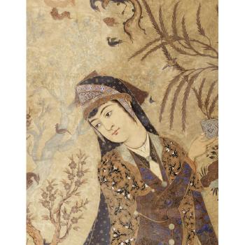 Shirin in a landscape holding a wine bottle and porcelain cup by 
																			Haj Mirja Aqa Imami