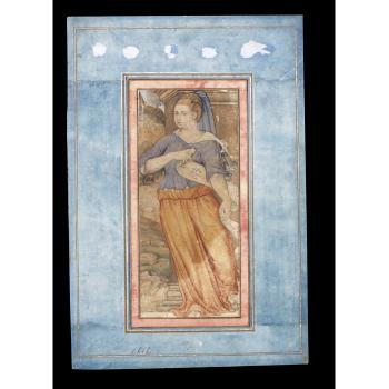 A classical muse holding a scroll standing by a plinth by 
																	 Sadiqi