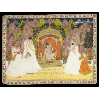 Maharajah Man Singh Of Jodhpur (Reg. 1803-43) With Prince Chattar Singh And Noble Attendants, Including The Royal Guru Dev Nath, Before An Image Of The Immortal Ascetic Jallandharnath by 
																			 Jodhpur School