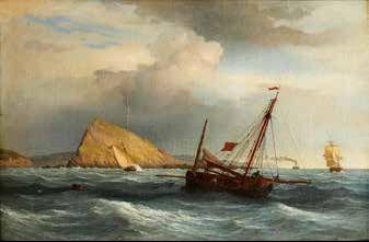 Fishing boat and other shipping off a rocky coast by 
																	Henry Parke