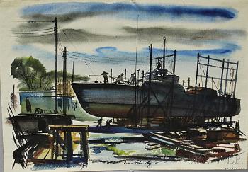 In Herschoff ship yards, Bristol, Rhode island by 
																			Edwin Fulwider