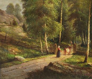 Peasant woman with a cow on a dirt path by 
																			Ehrnfried Wahlqvist