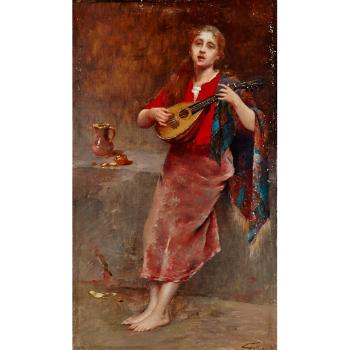 Young peasant girl playing the mandolin by 
																			Octave Gallian