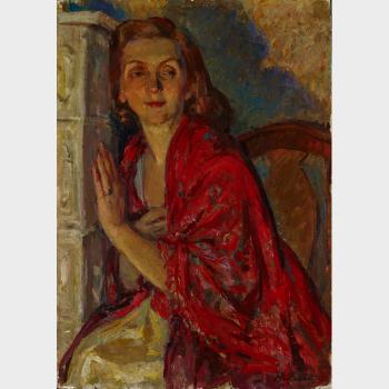 Portrait of The Artist's Wife Vera Veslovschi Nitescu As A Young Woman in Red by 
																			Jean Nitescu