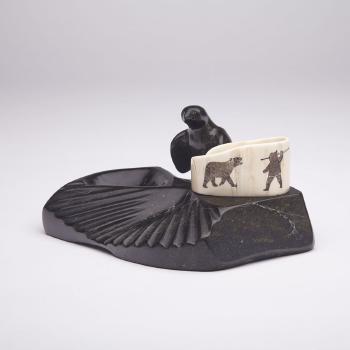 Ashtray Decorated with Bird and Etched Tusk by 
																			Davidee Itulu