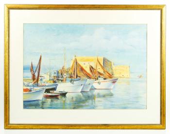 Greek harbor scene by 
																			Charles Demetropoulos