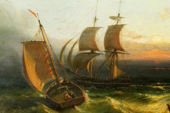 Nautical scene depicting barge tacking to avoid two mast barque near a navigational buoy by 
																			Antonie Waldorp