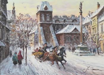 Winter city with troika and monument by 
																			Jan Rawicz