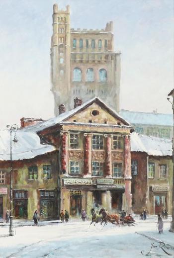 Winter with tall buildings and horses rounding the corner by 
																			Jan Rawicz