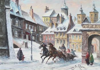 Figures and troika on a wintery street by 
																			Jan Rawicz