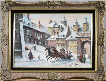 Figures and troika on a wintery street by 
																			Jan Rawicz