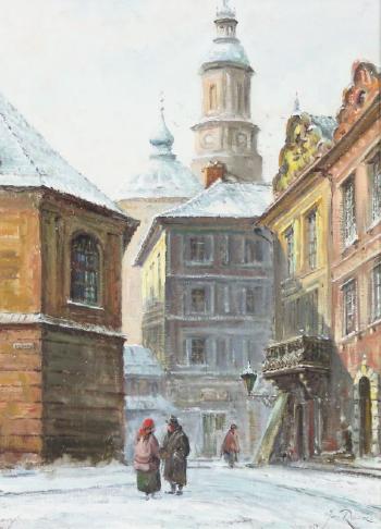 Couple talking in a city street with towers in the background by 
																			Jan Rawicz