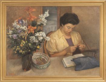 Portrait of a woman knitting by 
																	Joseph Raskin