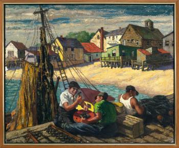 Mending the nets, Provincetown docks by 
																			George Beline