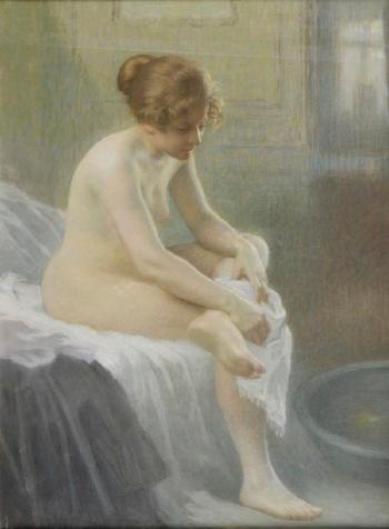 Seated female nude bathing by 
																	Antony Troncet