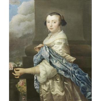 Portrait of a lady, three-quarter-length, in a white dress and blue shawl, with a pearl necklace, holding a rose by 
																	Isaak Luttichuys