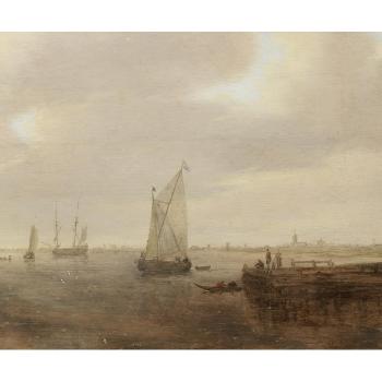An estuary scene with fishing boats in the foreground by a jetty by 
																	Salomon van Ruysdael