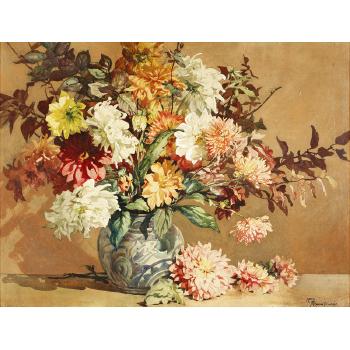 Chrysanthemums and other flowers in a vase by 
																	Amy C Reeve-Fowkes